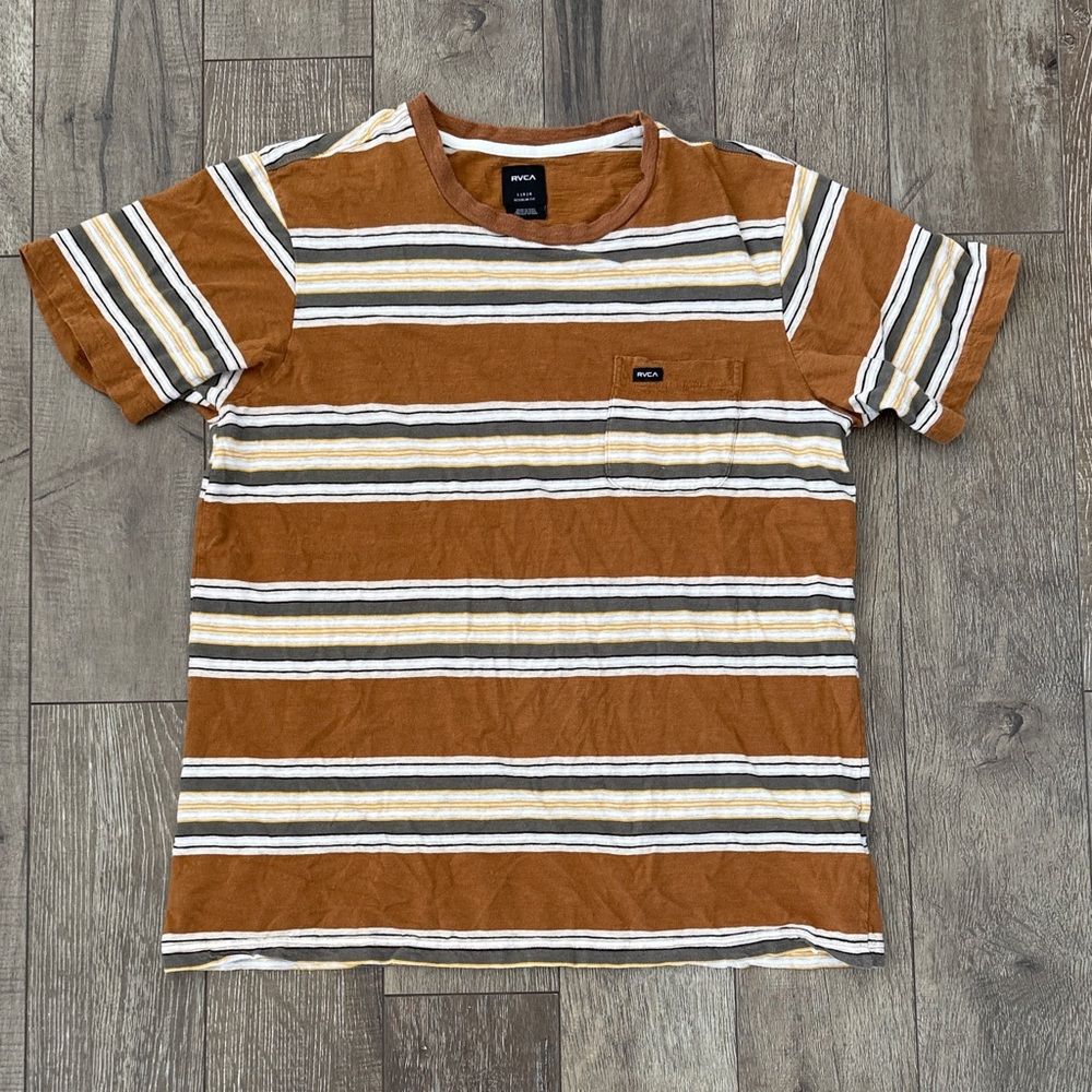 RVCA Rust, White & Gray Striped Crew Tee